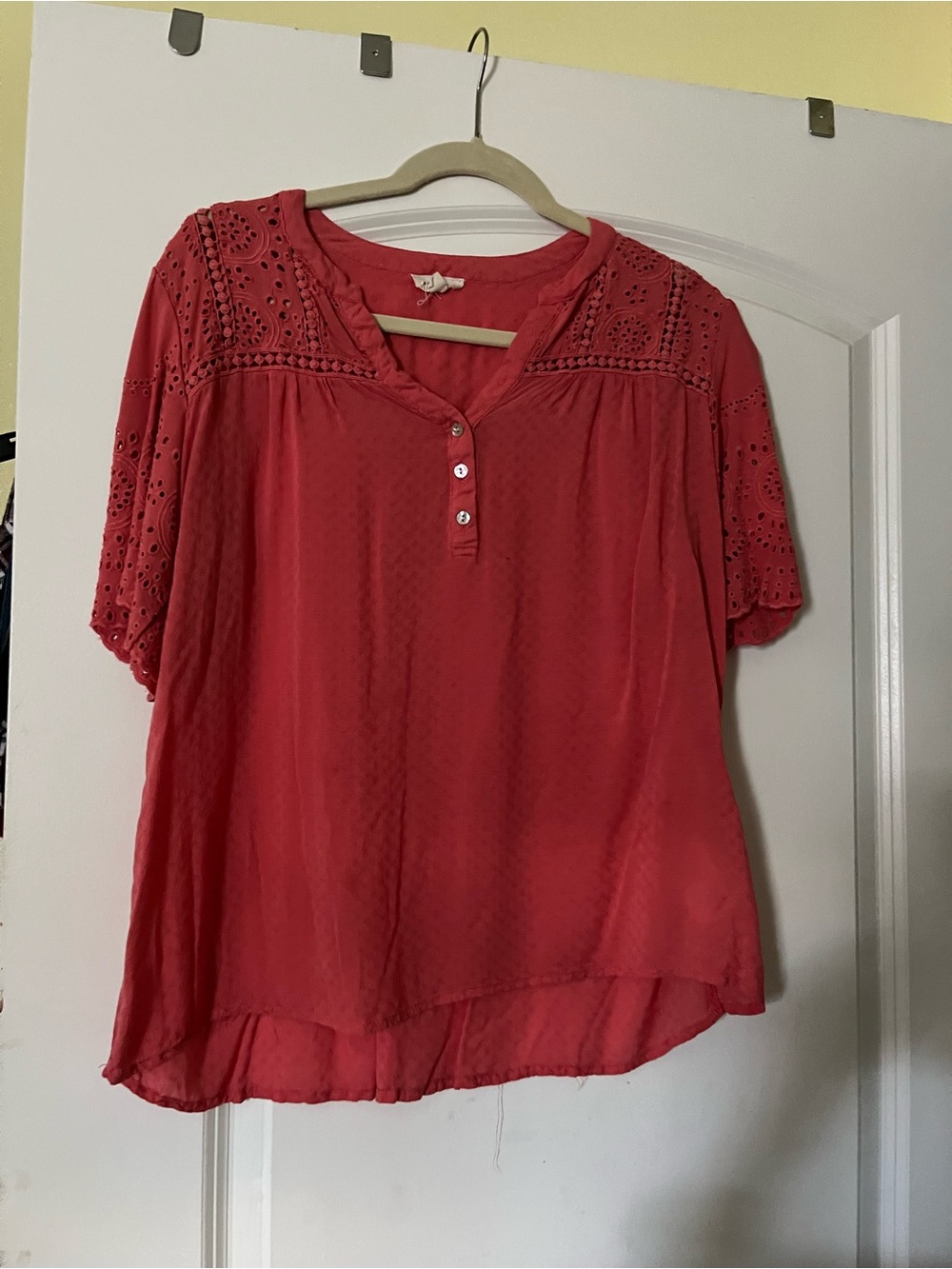 Women’s Red Crochet Yoke Henley Top